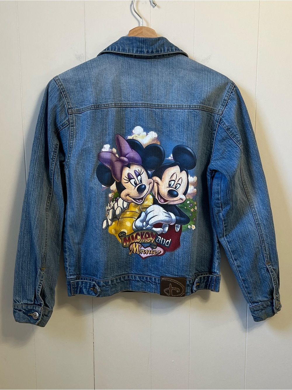 Vintage 2000 Y2K Disney Store Painted Mickey and Minnie Denim Trucker Jacket S